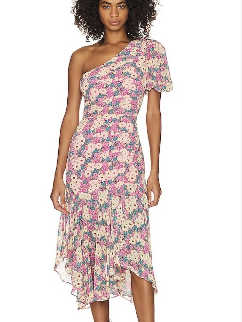ASTR the Label "Santorini" One-Shoulder Pink Floral Ruffle Midi Dress (US M)